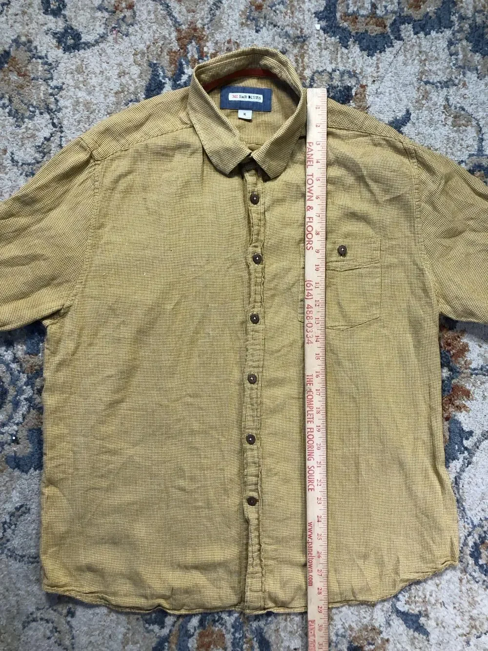 32 Bar Blues Shirt Mens XL Yellow Check Short Sleeve Button Up Casual Cotton
